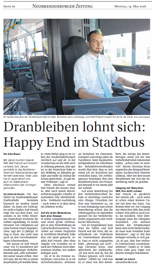 Aretikel Nordkurier vom 14.05.2018