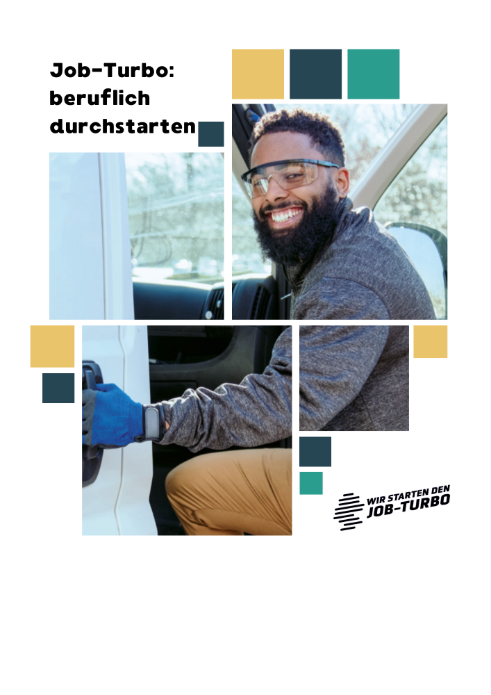 Slogan: Beruflich durchstarten mit dem Job-Turbo. Lächelnder Mann im Fokus.