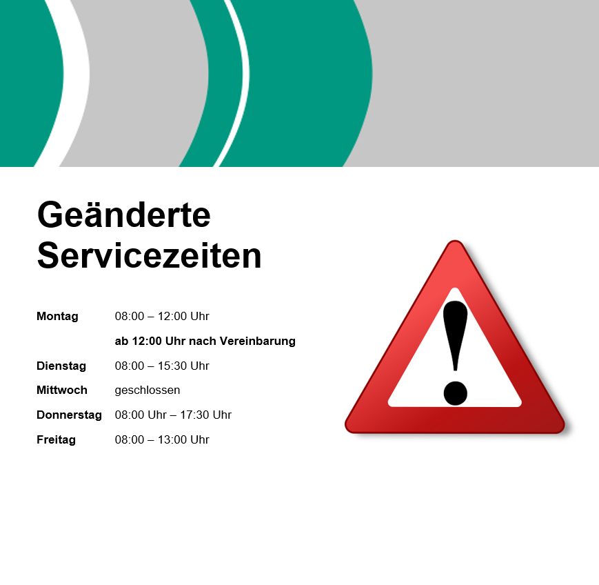 Öffnunsgzeiten des Jobcenters: Montag 8-15.30 Uhr, ab 12 Uhr nach Vereinbarung; Dienstag 8-15.30 Uhr; Mittwoch geschlossen; Donnerstag 8-17.30 Uhr; Freitag 8-13:00 Uhr